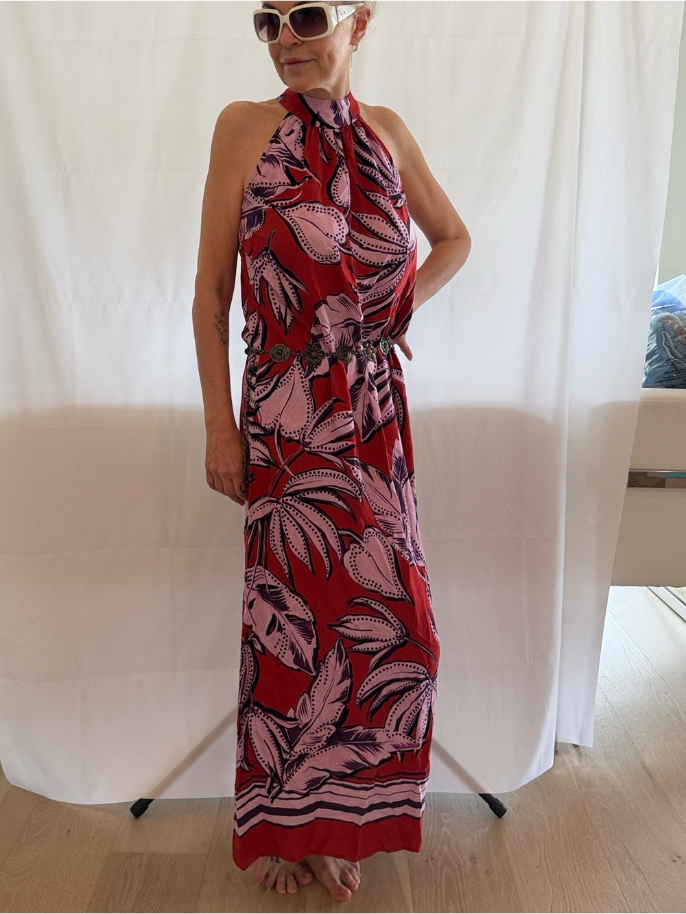 MSK Red and Pink Halter Maxi Dress with Tropical Leaf Print